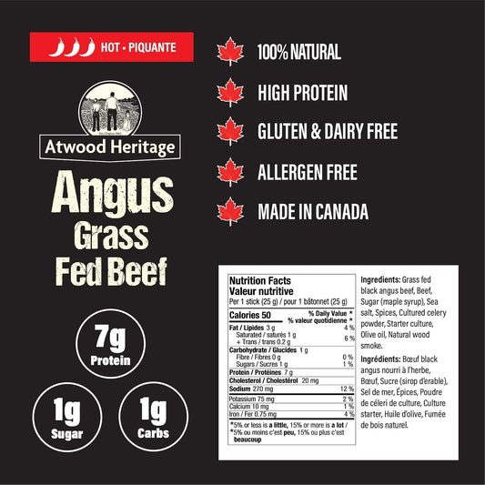 Atwood Heritage Grass-Fed Beef Snack Stix, Hot Flavour, 5 Sticks, 125g, High-Protein, Gluten-Free, Nitrate-Free, Made in Canada