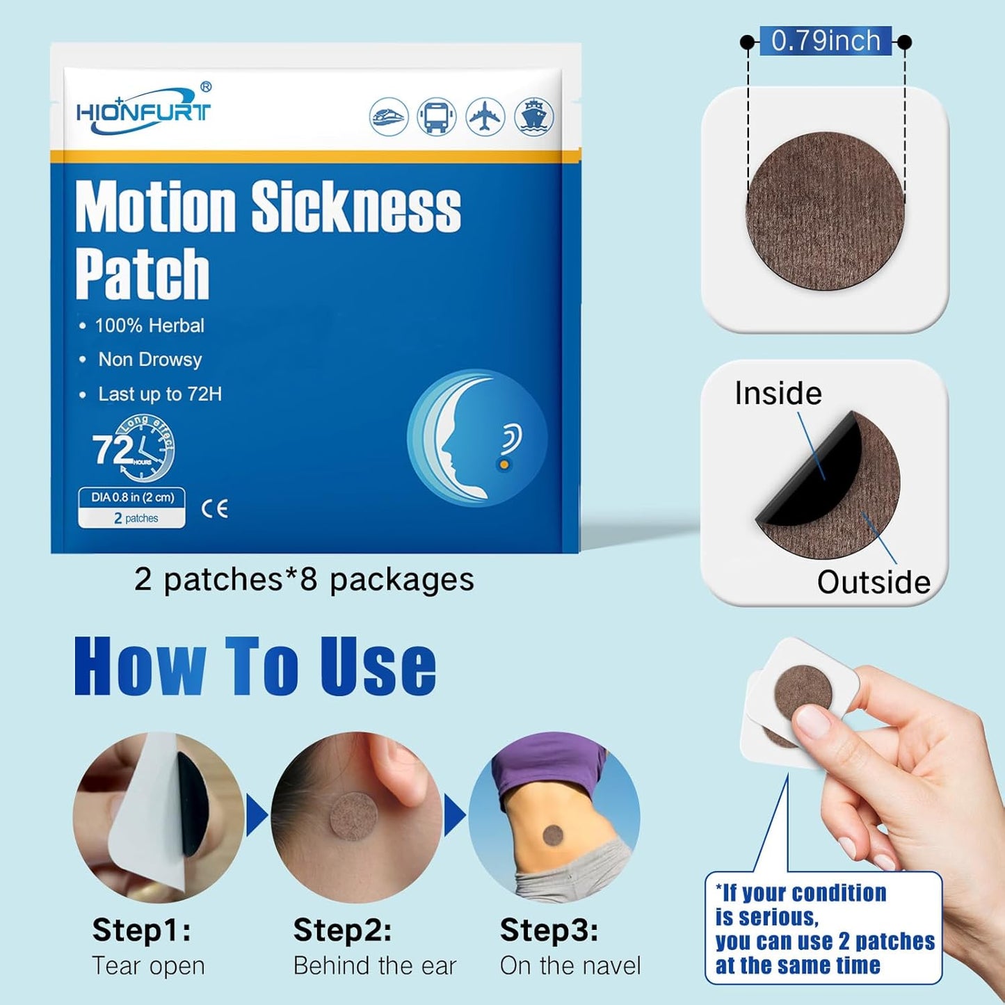 Hionfurt 64ct Motion Sickness Patches – Sea Sickness Patches for Cruise, Car, Airplane, and Other Travel – Non-Drowsy, Effective, Lasts 72