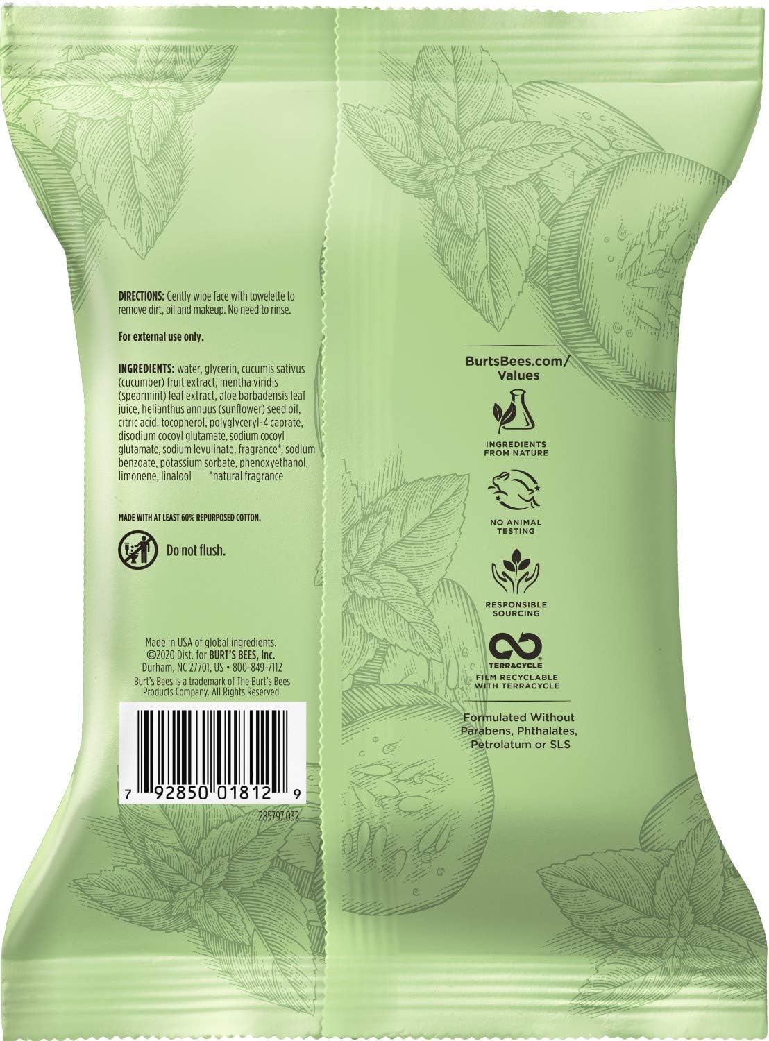 Burts Bees 黃瓜薄荷潔面濕紙巾(男女通用)30片裝