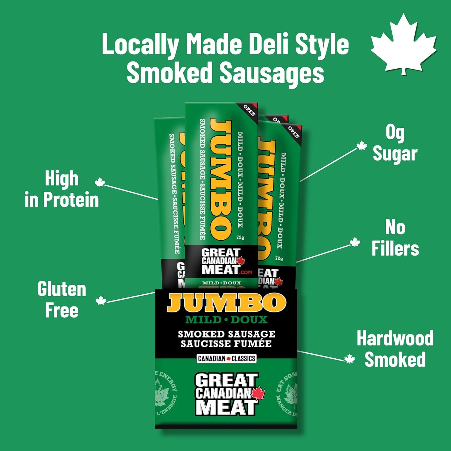 Mild Jumbo Smoked Sausages Locally Made & Hardwood Smoked, 10 x 72g Caddy of Meat Snacks by Great Canadian Meat, Gluten Free, High In Protein Meat Sticks, Sausage Pepperoni Sticks For Carnivores. MRE Perfect For Camping …