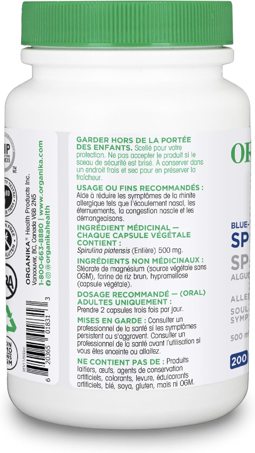 Organika Spirulina 500 Mg Blue Green Algae Allergy Relief, 200 count
