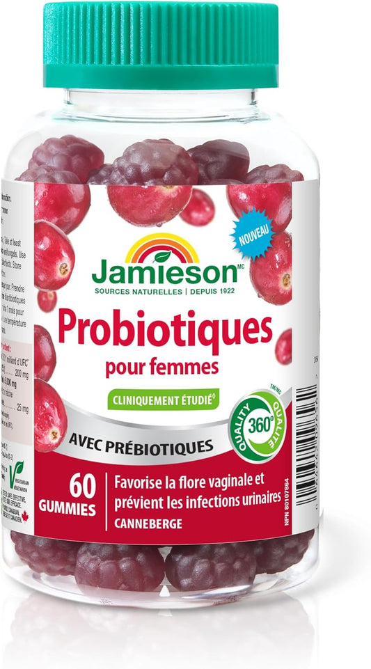 Jamieson 女性益生菌软糖,含蔓越莓和益生元,有助于维持健康的阴道菌群和微生物群,预防尿路感染,并促进消化系统健康。不含人工色素、香精或防腐剂,蔓越莓口味,60 粒装