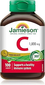 Jamieson 維生素 C 1000 毫克緩釋膠囊,支持免疫健康,強化牙齒和骨骼。全天緩釋維生素 C,素食,無麩質,100 粒裝,加拿大製造