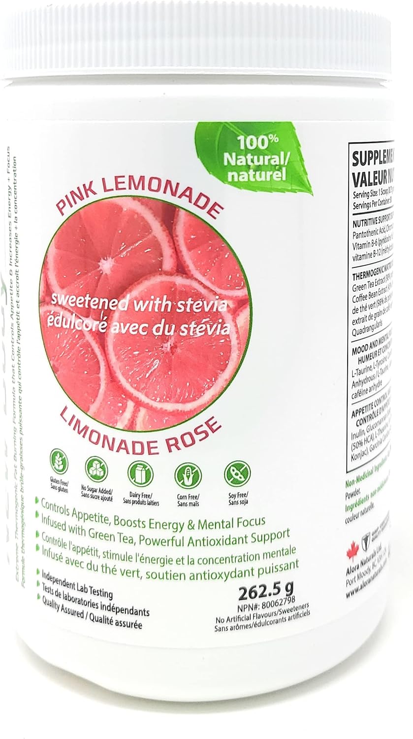 Alora Naturals - 全新体重管理粉红柠檬味,262.5克 - 极致生热燃脂配方 - 控制食欲、提升能量、增强专注力 - 融入绿茶