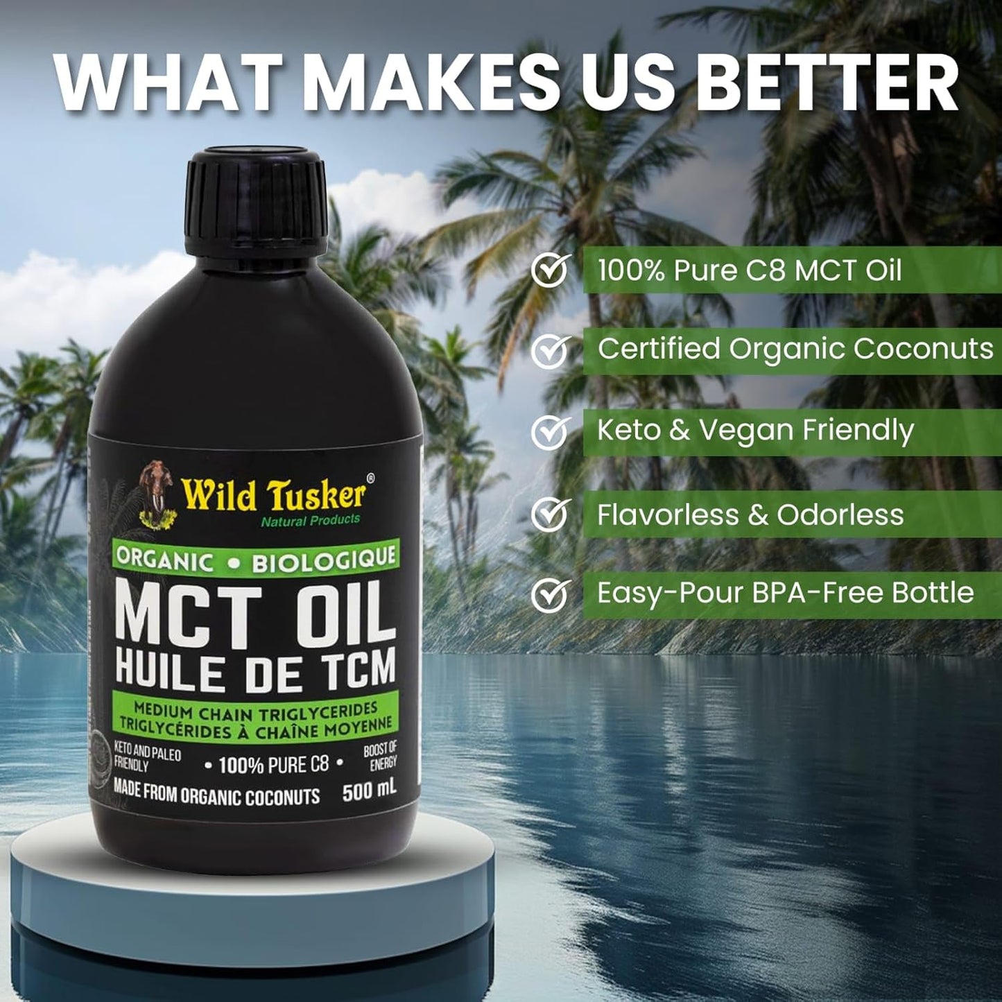 Wild Tusker 有機優質 MCT 油(分餾椰子油),100% C8 辛酸,500 毫升 | 非基因,冷壓,不含任何化學物質 | 生酮友好,猶太潔食認證,素食