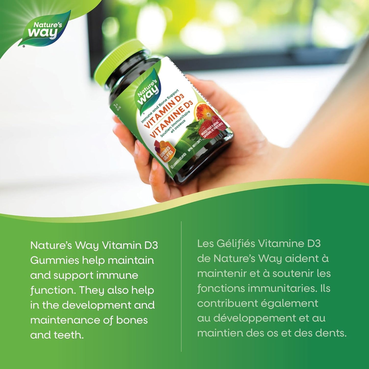 Nature's Way 維生素 D 軟糖 - 免疫和骨骼支持 - 每顆軟糖含 1000 IU 維生素 D3 - 草莓、桃子和芒果味軟糖 - 60 顆軟糖