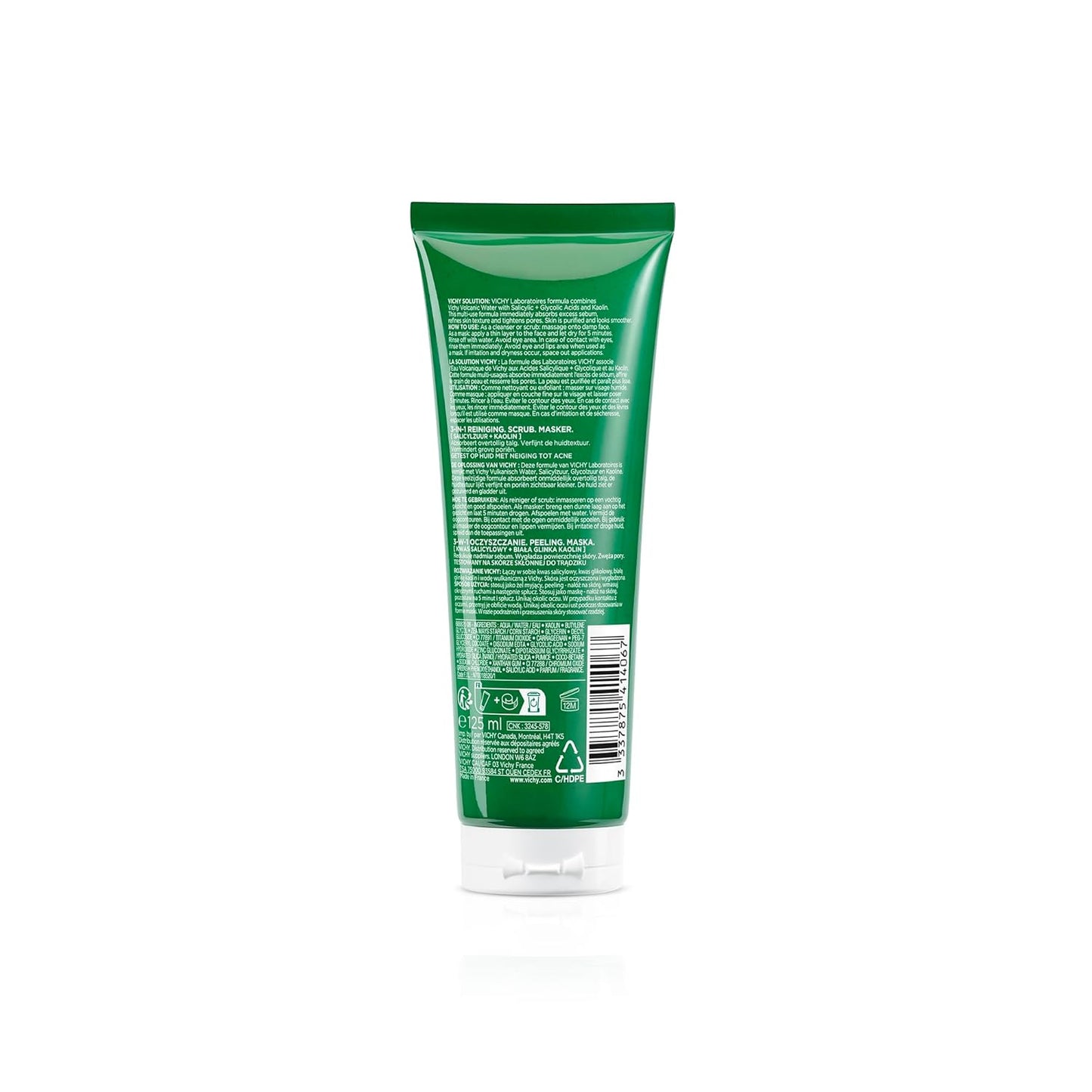 Vichy Normaderm 三合一去角质磨砂膏、洁面乳和护肤面膜。适用于油性肌肤和敏感性肌肤,含水杨酸和乙醇酸,125毫升