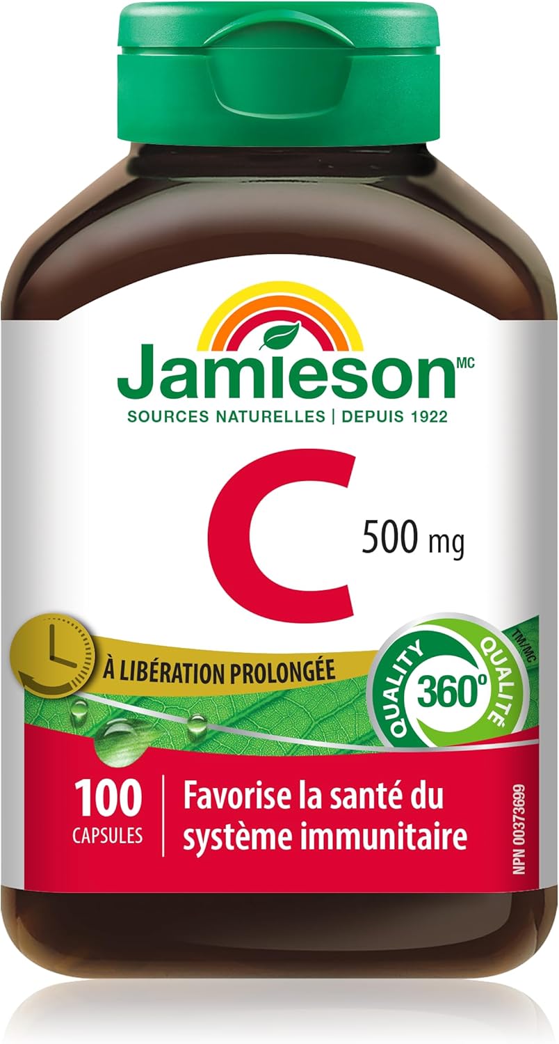 Jamieson 維生素 C 500 毫克緩釋膠囊,支持免疫健康,強化牙齒和骨骼。全天緩釋維生素 C,素食,無麩質,100 粒,加拿大製造