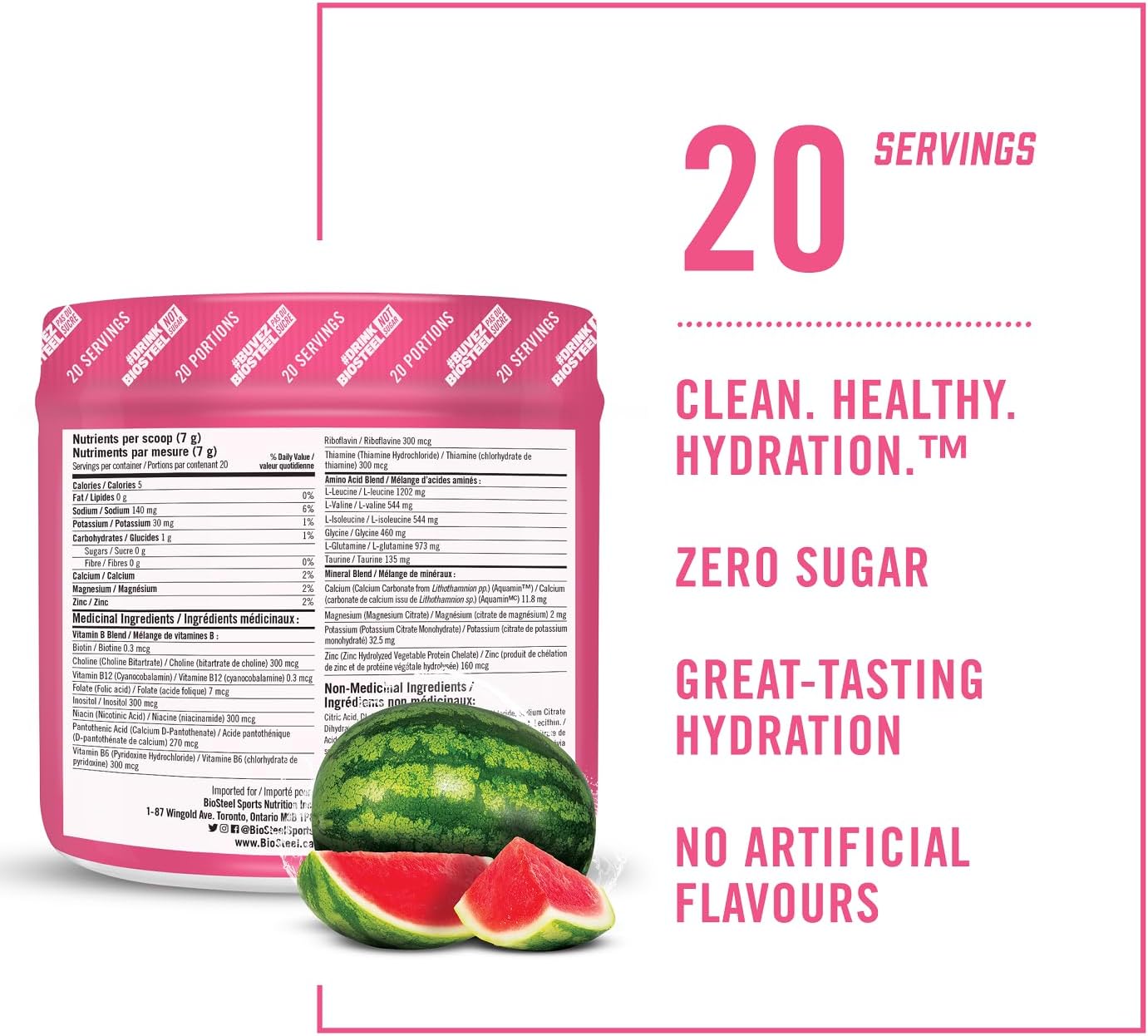 BioSteel 补水混合物,美味补水,零糖,不含人工香料或防腐剂,西瓜味,每桶 20 份