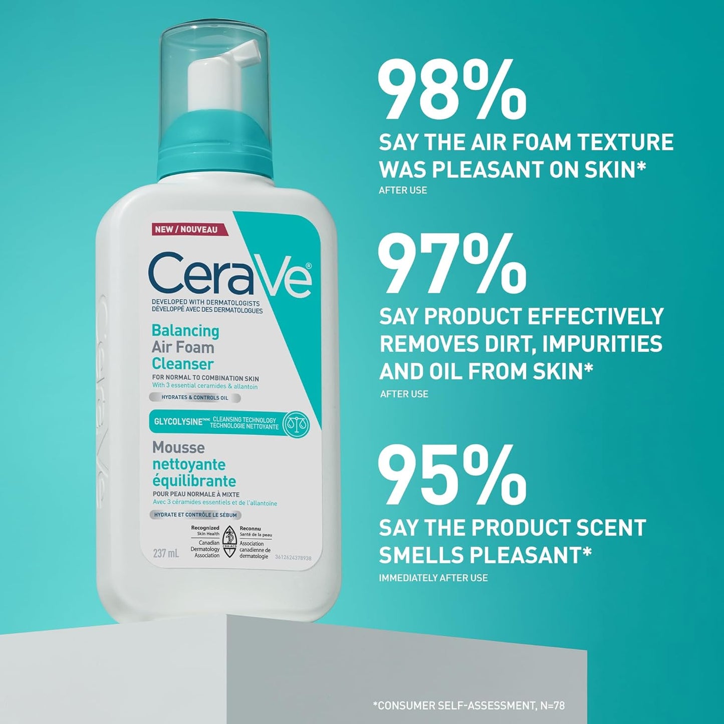 CeraVe Balancing Air Foam Cleanser, Gentle Facial Cleanser For Normal to Combination Skin With 3 Ceramides and Glycolysine™, 8HR Oil Control & 24HR Hydration, Lightweight Air-Foam Texture, 237ml