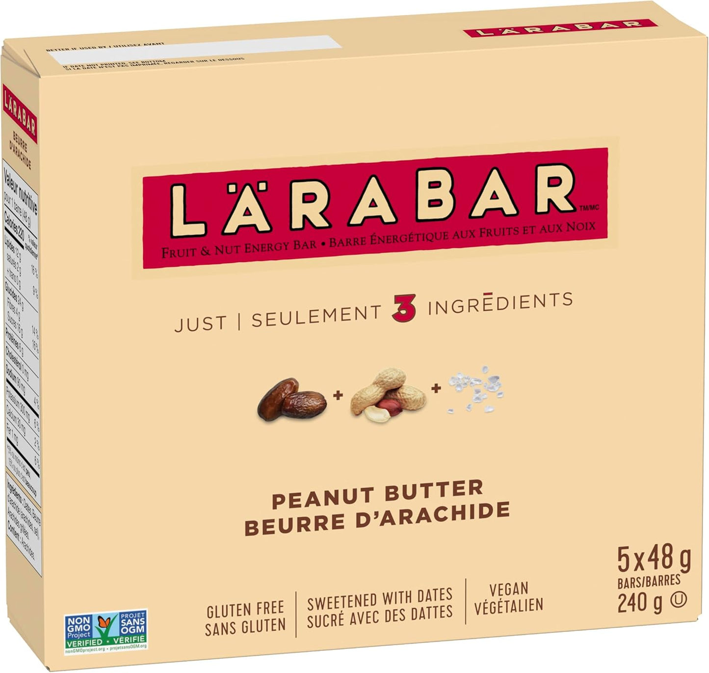 LÄRABAR 花生酱、水果和坚果能量棒,5条装,无麸质,纯素,零食棒