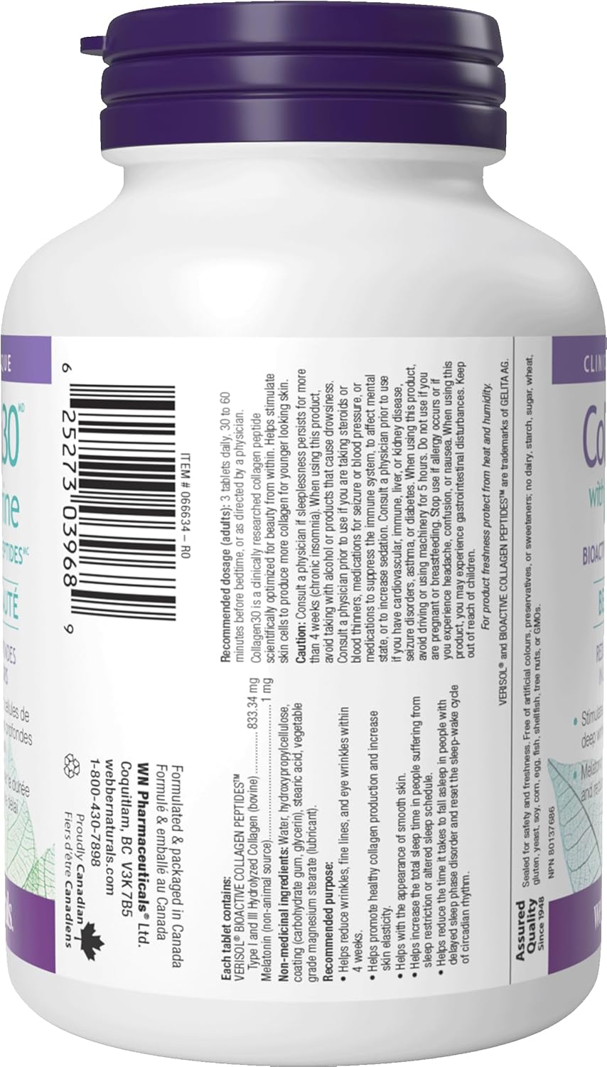Webber Naturals Collagen30 含褪黑激素,每份含 2,500 毫克生物活性膠原蛋白勝肽和 3 毫克褪黑激素,120 片,有助於減少深層皺紋和細紋,促進睡眠