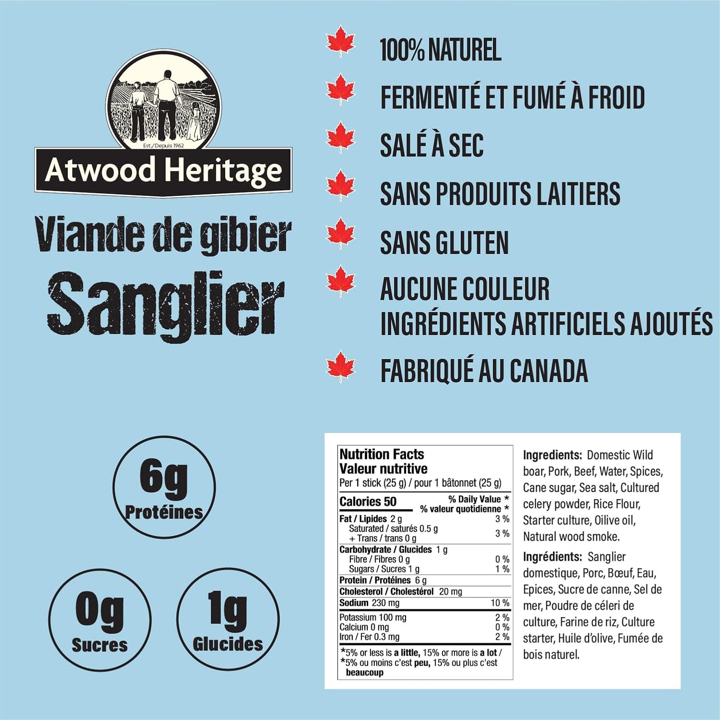 Atwood Heritage 野豬、豬肉和牛肉零食棒,5 根,125 克,高蛋白,無麩質,無硝酸鹽,加拿大製造