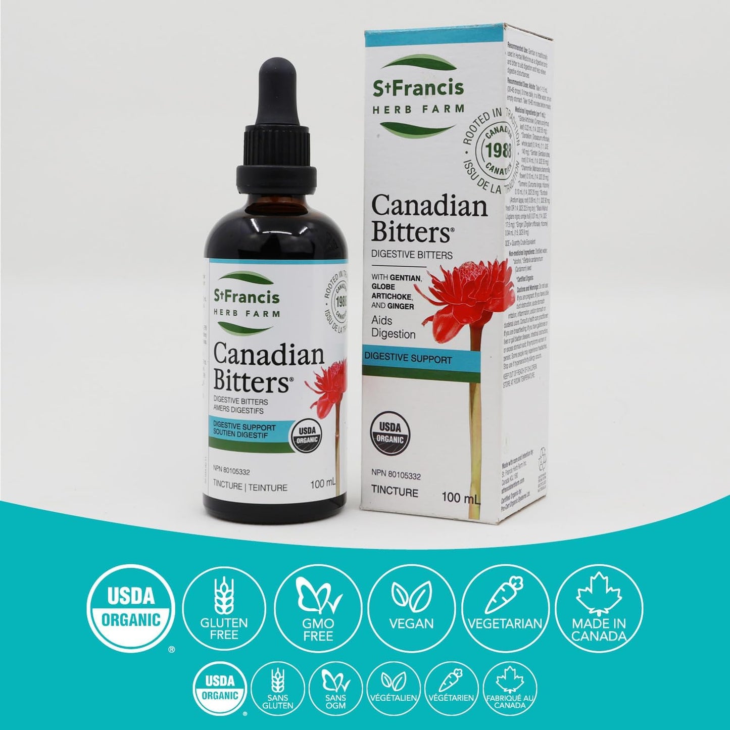 圣弗朗西斯草药农场加拿大苦味酒 (100ml) 天然缓解胃部不适、胃灼热和腹胀 (1 酊剂) 有机认证,不含转基因成分,不含麸质,纯素,素食,加拿大制造,1988 年
