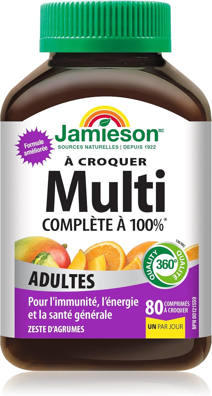 Jamieson 100% 成人复合维生素咀嚼片,柑橘风味,富含叶黄素、钙和生物素。支持免疫力、能量和整体健康,不含人工色素、香精或防腐剂,每日一片……