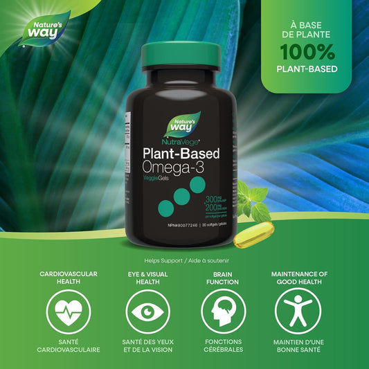 Nature's Way NutraVege 植物性 Omega-3 素食膠囊 - 適合素食主義者的 Omega-3 補充劑,含 300 毫克 EPA + 200 毫克 DHA - 清新薄荷口味 - 支持成人的心臟、眼睛和大腦功能,30 粒軟膠囊