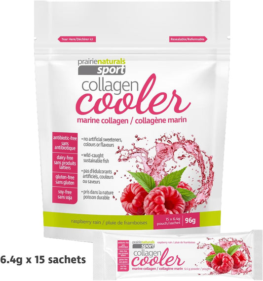 Prairie Naturals Marine Collagen Cooler, Raspberry Rain Flavour, 6.4g x 15 packs. Antibiotic free, dairy free, gluten free, soy free, no artificial sweeteners, wild-caught sustainable fish.
