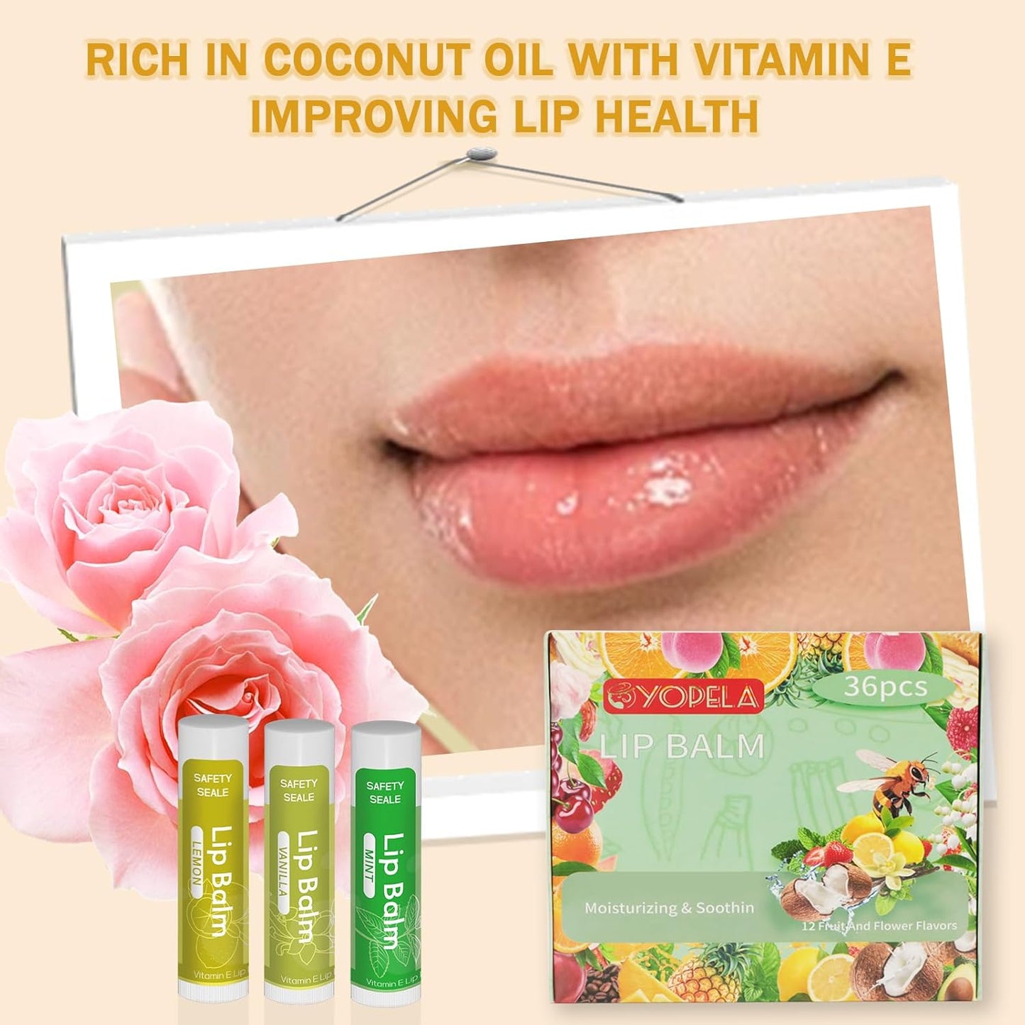 Yopela 36 Pack Lip Balm Bulk with Vitamin E and Coconut Oil, Lip Care Product, Moisturizing Soothing Chapped Lips