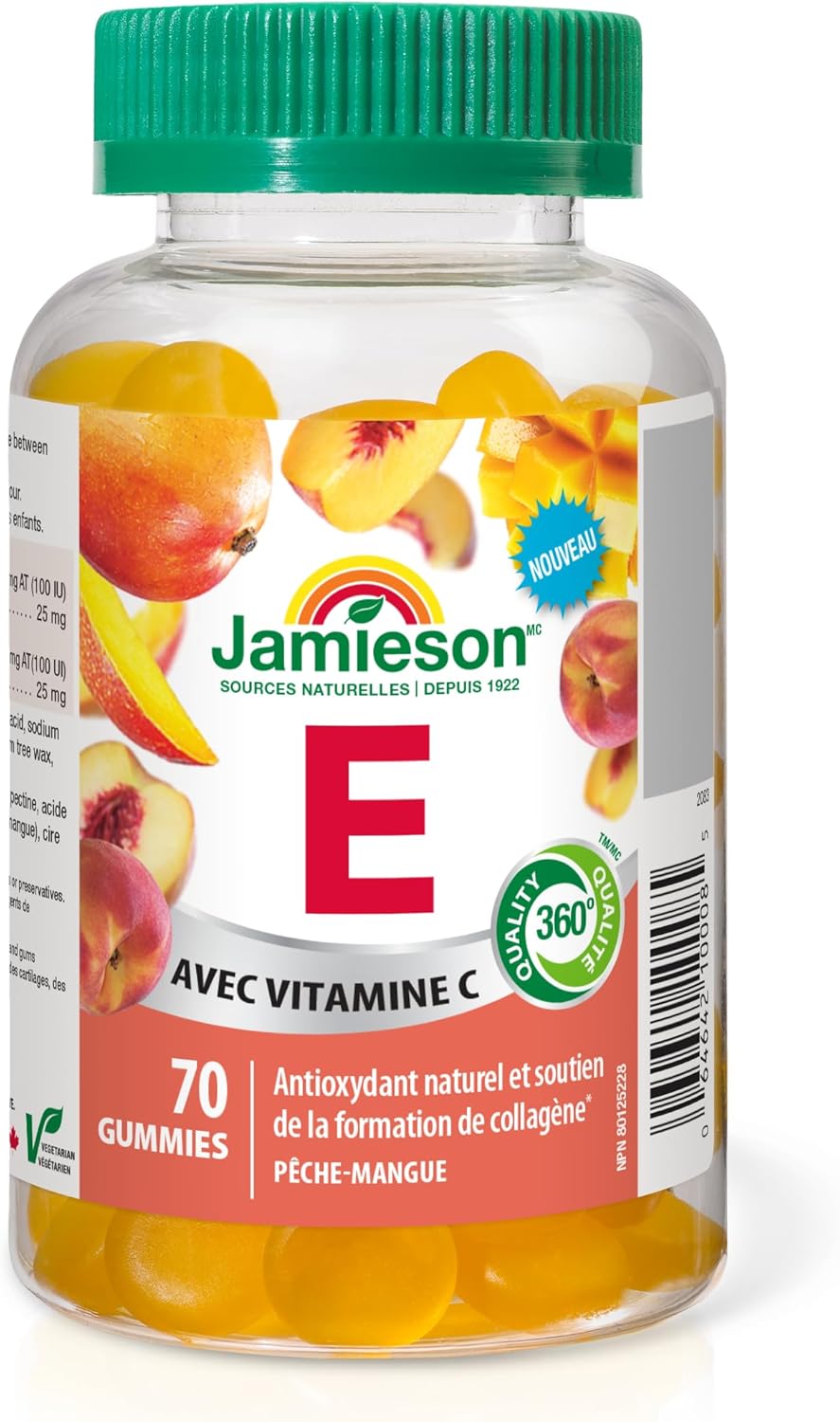 Jamieson 維生素 E 100 IU 軟糖,桃子芒果口味,含 25 毫克維生素 C。富含抗氧化劑,支持健康新陳代謝,增強免疫力,無麩質,不含人工色素、香精或防腐劑,7…