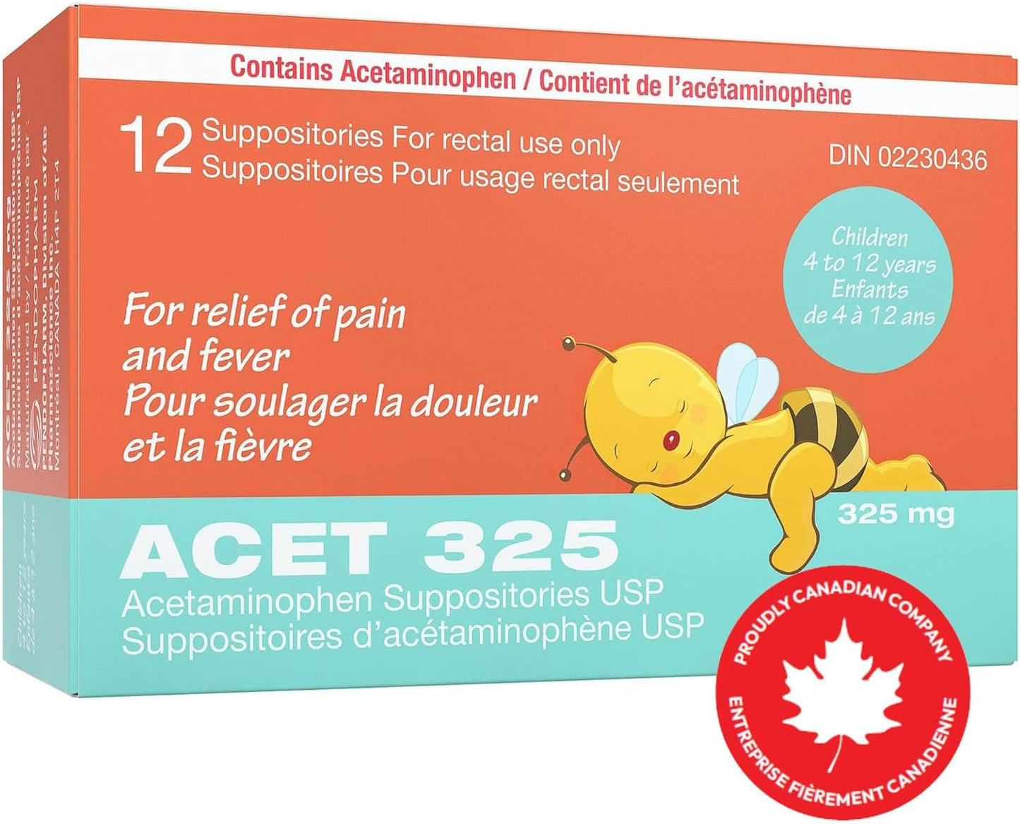 ACET Acetaminophen Suppository 325mg - Fever & Pain Relief for Children (4-12 Years) - 12 Count, White, Disposable, Rectal Use Only