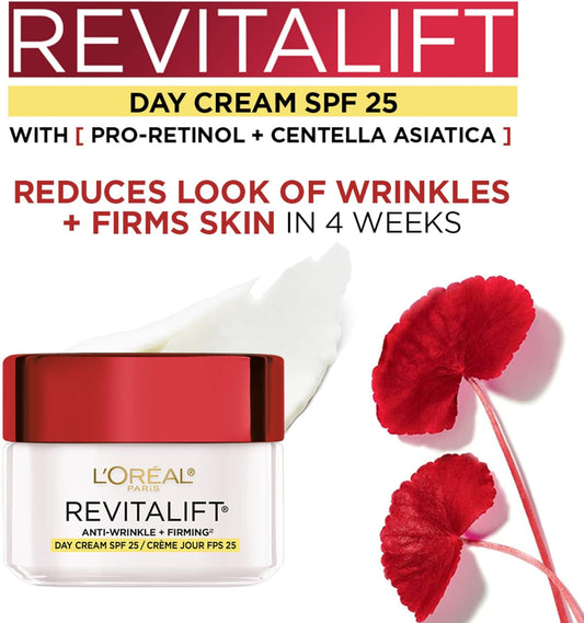 L'Oréal Paris SPF 25 Moisturizer for Face with Pro-Retinol & Centella, Face Cream Fights the Look of Wrinkles, Firms Skin & Targets the Signs of Aging, Revitalift, 50ml