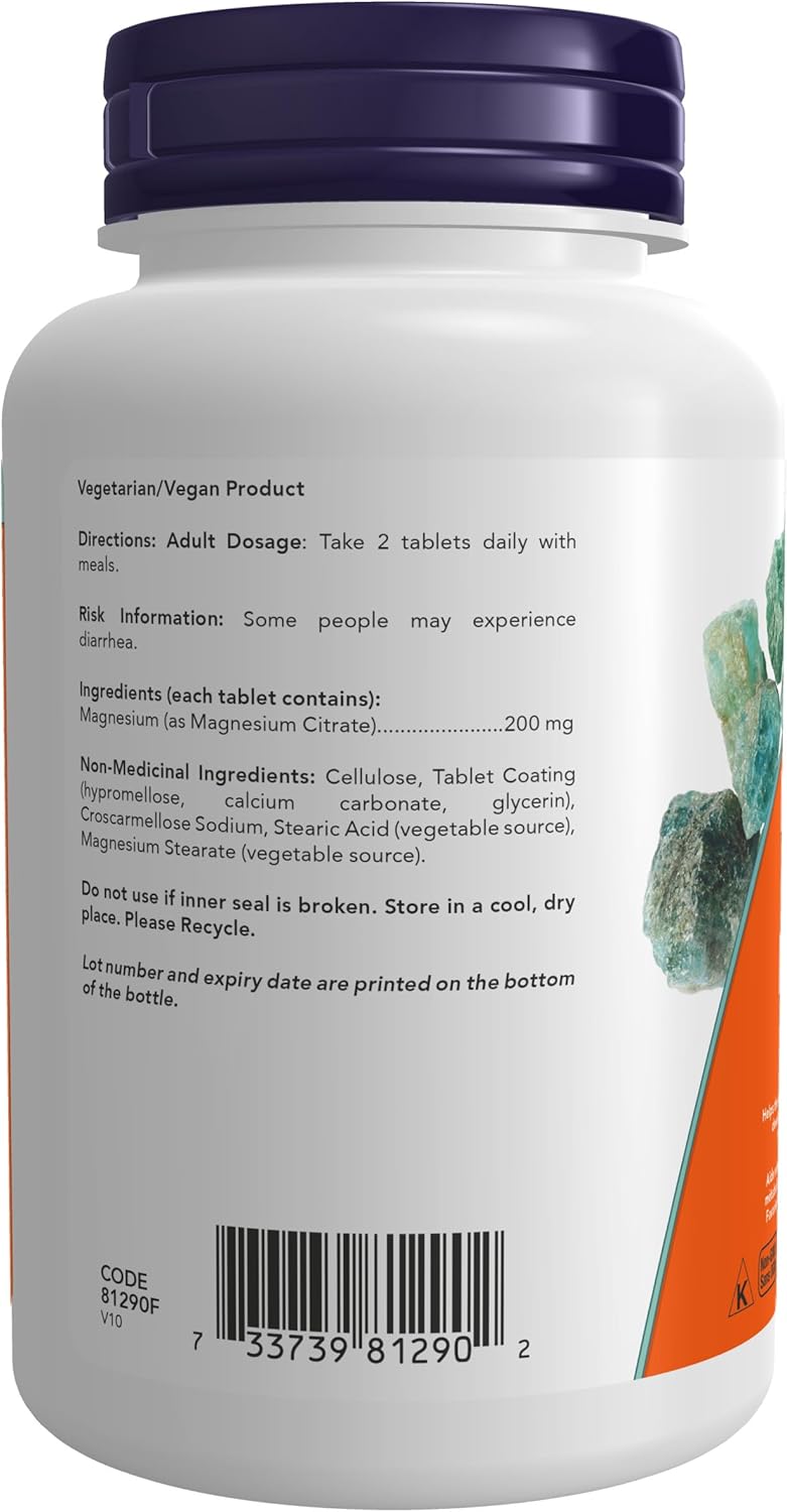 NOW Supplements, 檸檬酸鎂 200 毫克,酵素功能*,神經系統支持*,100 片