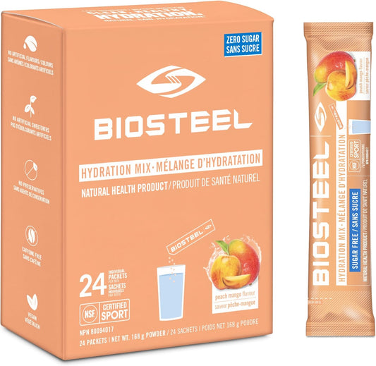 BioSteel Hydration Mix, Proudly Canadian - Great Tasting Hydration with Zero Sugar, and No Artificial Flavours or Preservatives, Peach Mango Flavour, 24 Single Serving Packets