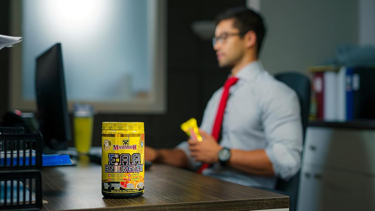 Mammoth EAA Energize – 8655毫克 EAA 和 6克 BCAA,能量與專注力氨基酸補充劑 – 甜菜鹼、咖啡因、B 群維生素、益智藥和電解質 – 肌肉恢復、補水和性能增強劑(30 份,天堂沖劑)