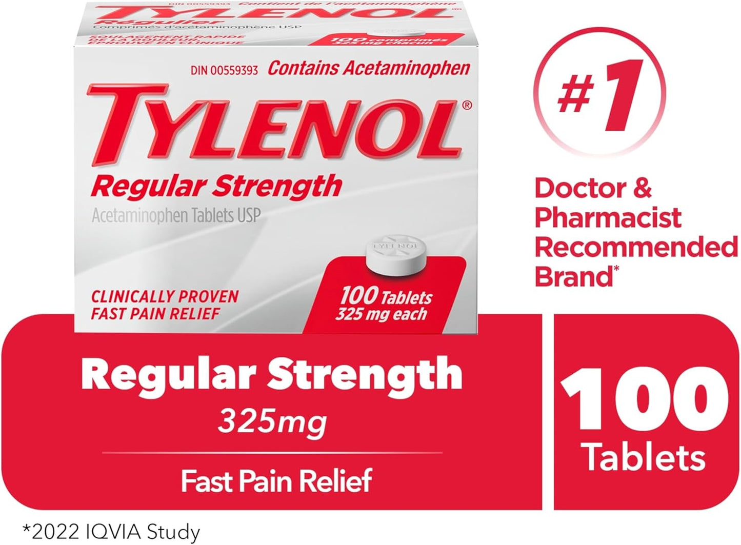 泰諾常規強度緩解疼痛對乙醯氨基酚 325 毫克 Eztabs 100 片