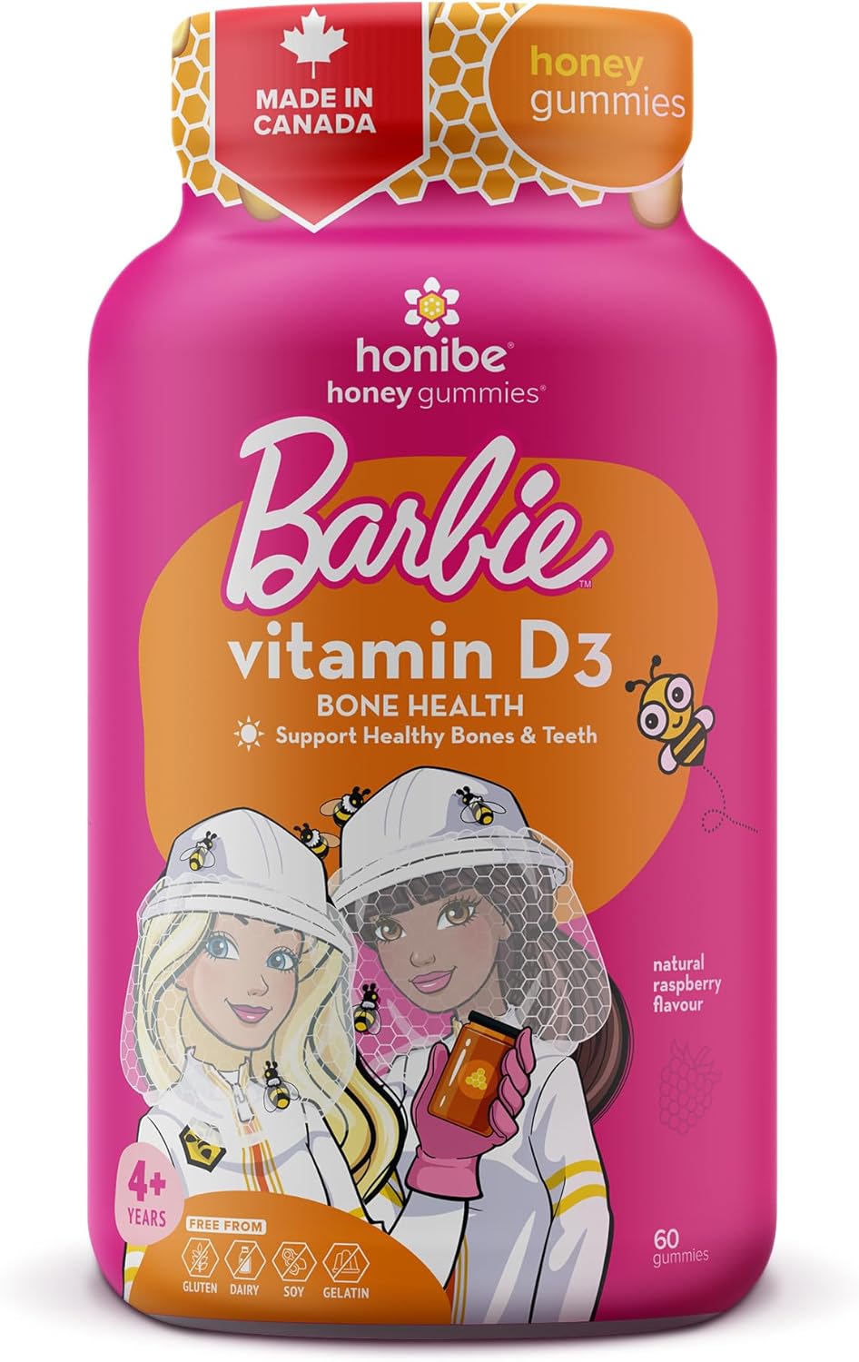 Honibe 维生素 D 软糖,适合儿童和成人,芭比,加拿大制造的蜂蜜维生素,维生素 D3 有助于支持骨骼健康、情绪和免疫系统功能,60 粒软糖