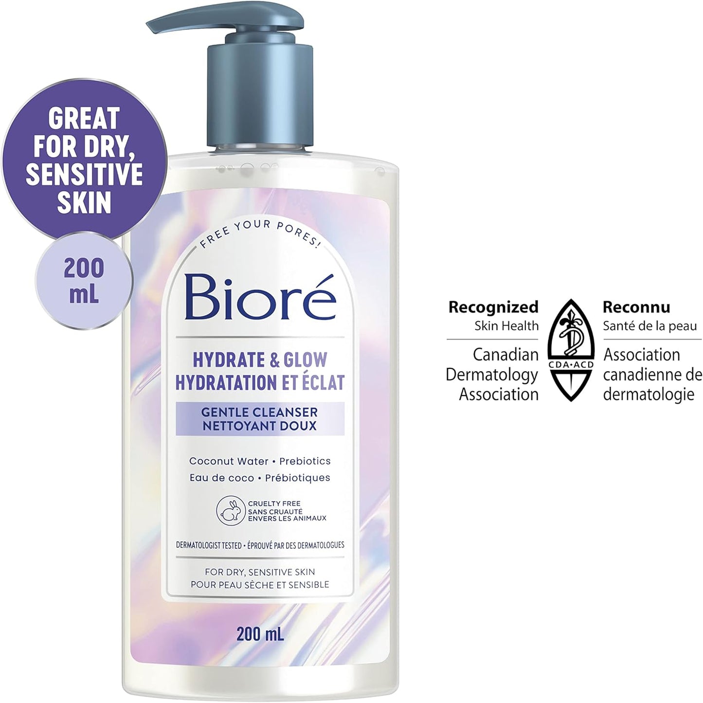 Bioré Hydrate & Glow 溫和潔面乳,適用於乾燥、敏感肌膚的保濕潔面乳,注入益生元和椰子水 | 經皮膚科醫生測試,無動物實驗,無香料,無 SLS/SLES 硫酸鹽(200 毫升)