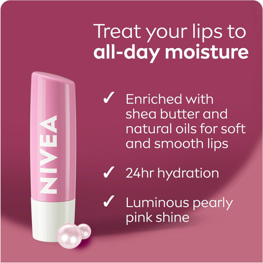 NIVEA Pearly Shine Lip Balm | Pearly Pink Shimmer Tinted Lip Care, 24H Hydration | 2x4.8g Tubes