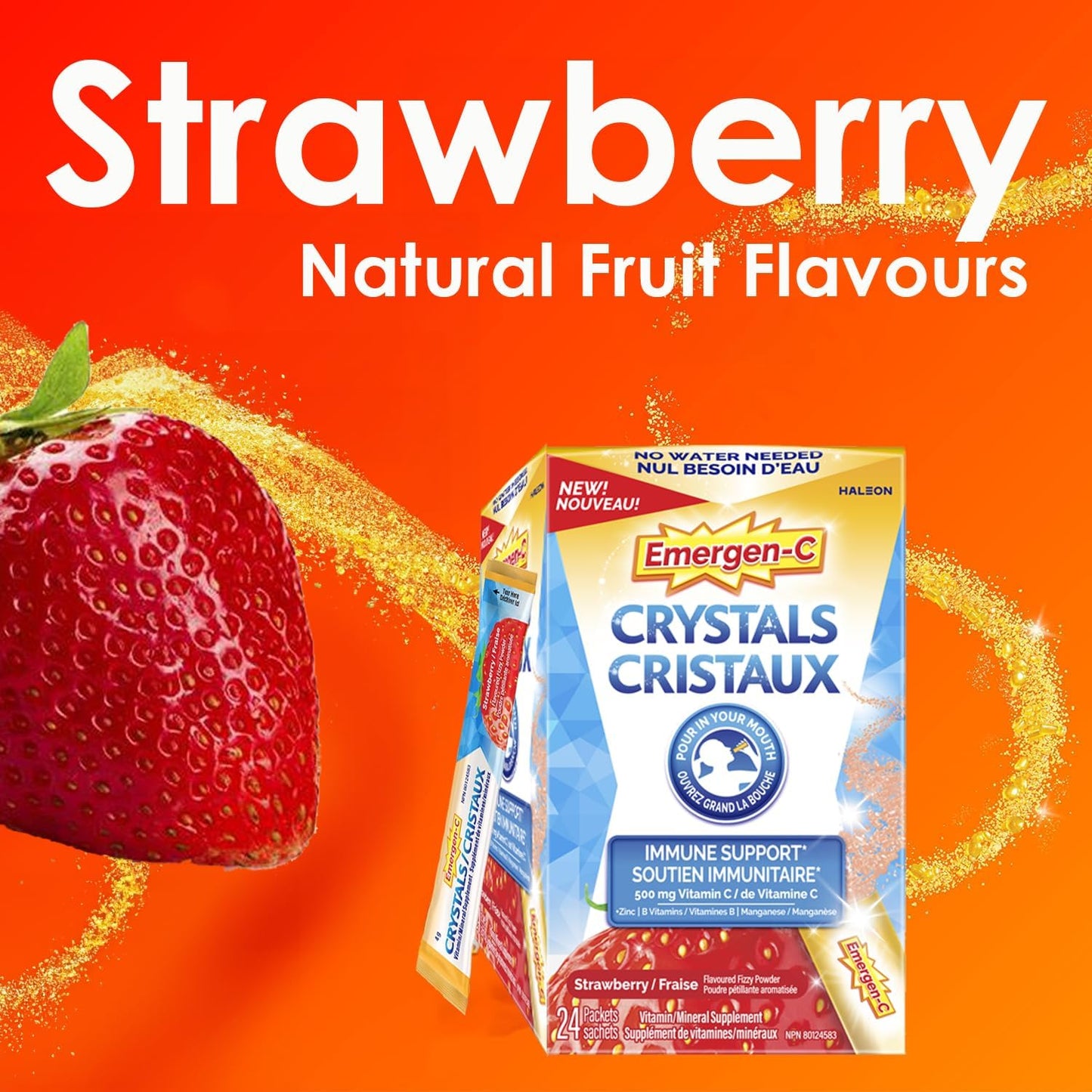 Emergen-C Crystals 便攜式免疫支持補充劑,含維生素 C、鋅、B 群維生素和錳,草莓味,24 包