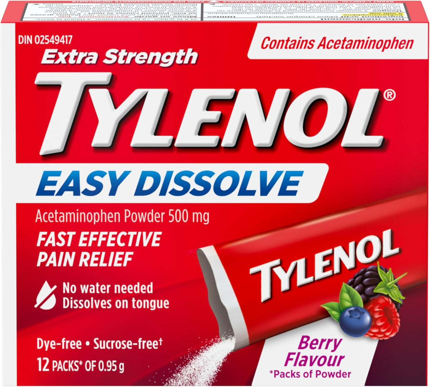 泰諾強效溶解包,500 毫克對乙醯氨基酚止痛退燒藥,便攜式粉包,緩解輕微疼痛,不含布洛芬和阿斯匹靈,漿果味,12 片