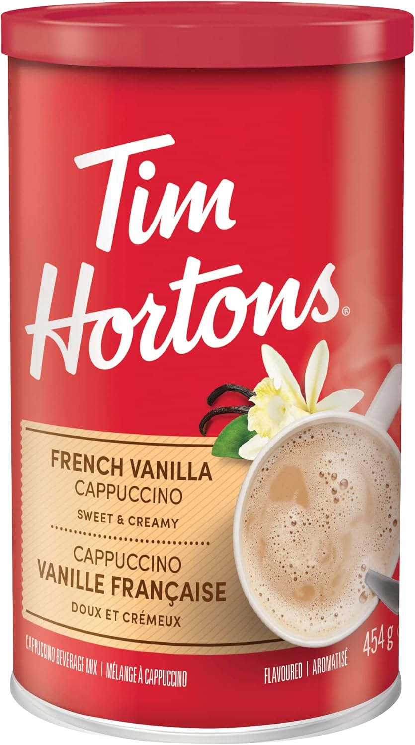Tim Hortons 脱咖啡因、细磨咖啡、中度烘焙、640 克罐装 & Tim Horton's 速溶卡布奇诺、法式香草、16 盎司