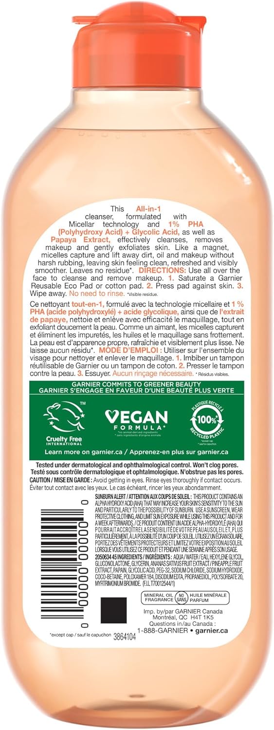 卡尼爾溫和去角質膠束水和潔面乳,含 1% PHA 和乙醇酸,臉部去角質,潔面乳和卸妝液,400ml