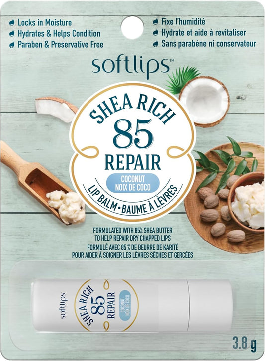 Softlips Shea Rich 85 修復 | 椰子潤唇膏 | 85% 乳木果油 | 適用於乾燥、皸裂的嘴唇 | 保濕滋養唇部護理 | 不含防腐劑