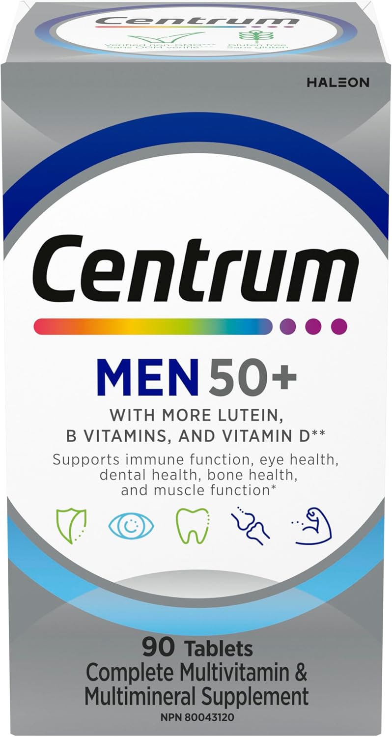 Centrum Men 50 Plus 复合维生素/矿物质补充剂,适合 50+ 男性,90 片(包装可能有所不同)