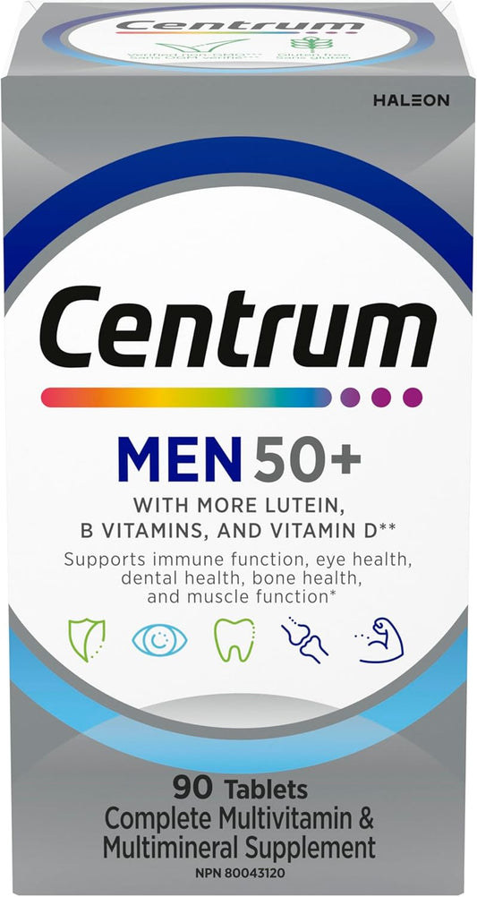 Centrum Men 50 Plus 复合维生素/矿物质补充剂,适合 50+ 男性,90 片(包装可能有所不同)