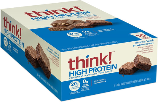 think! High Protein Bar, 20g Protein per bar, Zero sugar, Gluten Free - Brownie Crunch, 10 count/box, 60g per bar - Convenient On-the-go Delicious, Nutritious Snack (packaging may vary)