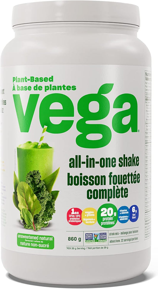 Vega 全效合一纯素蛋白粉,天然无糖(22 份)+ 法国香草(20 份)| 超级食品成分,维生素,增强免疫力