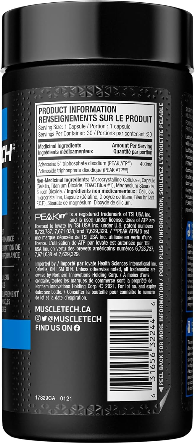 MuscleTech 增肌粉,MuscleTech 增肌粉,男女增肌补充剂,一氧化氮促进剂,增肌锻炼补充剂,400 毫克峰值 ATP,增强力量,30 粒