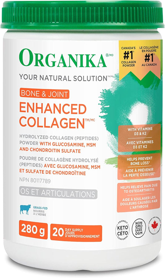 Organika Enhanced Collagen Bone and Joint Powder- with Glucosamine, MSM, Chondroitin Sulfate & Full Spectrum Collagen Type 1, 2, 3- Bovine, Marine, and Chicken Collagen Combination