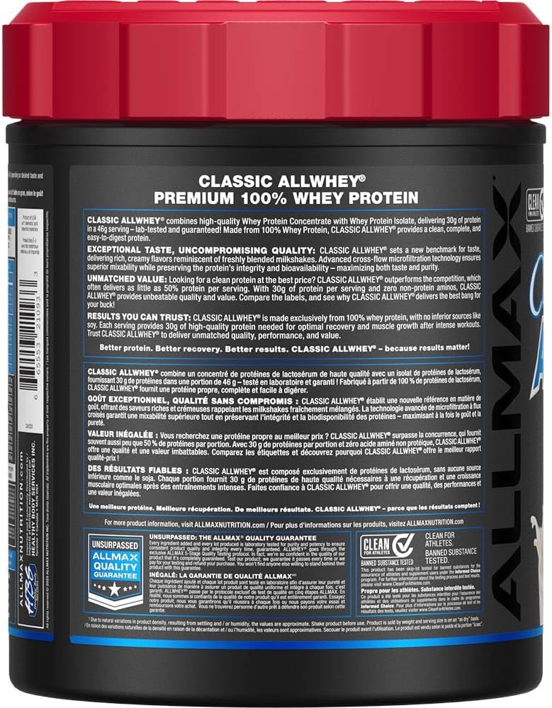 ALLMAX Nutrition ALLWHEY 经典优质乳清蛋白粉,香草味 - 425克 - 每份含30克蛋白质,无麸质,低糖,经实验室测试,9份