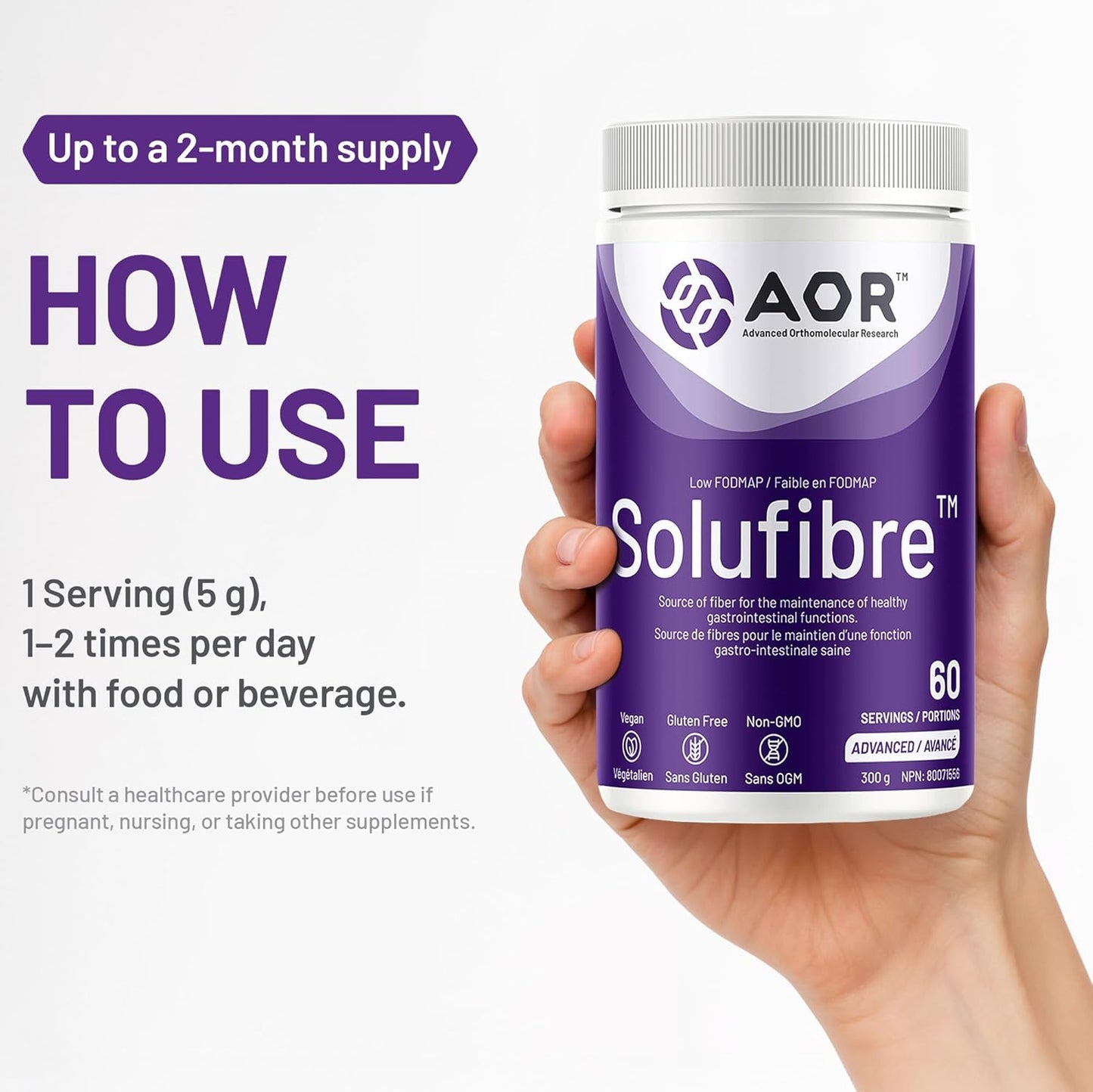 AOR - SoluFibre 粉,300 克,60 份 - 部分水解瓜尔胶 Sunfiber,促进消化舒适和规律 - 纯素、非转基因和无麸质 - 温和的益生元纤维补充剂 - 可溶性纤维