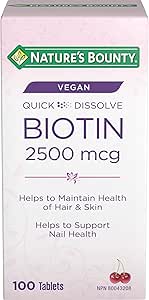 NATURE'S BOUNTY Biotin, Quick Dissolve Tablets, Maintains Hair And Skin Health, Maintains Nail Health, Helps To Metabolize Nutrients, Vegan, Cherry Flavour, 34 g