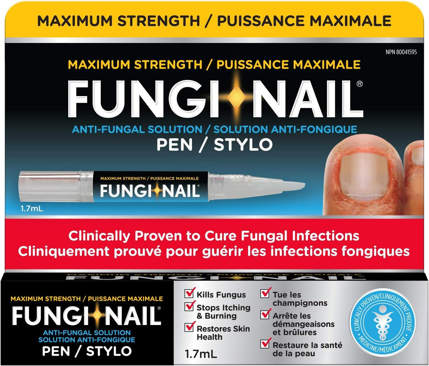 Fungi-Nail Pen Applicator 抗真菌溶液,1.7毫升 - 可杀死导致灰指甲和足癣的真菌,十一烯酸含量为 25%,经临床验证可治愈真菌感染