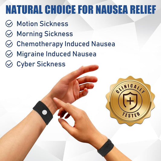 Hionfurt Motion Sickness Bands for Adults and Kids Anti Nausea Wristbands for Car and Sea Sickness Pregnancy Nausea Relief Morning Sickness Relief Acupressure Wristbands - 2 Pairs Grey, Black