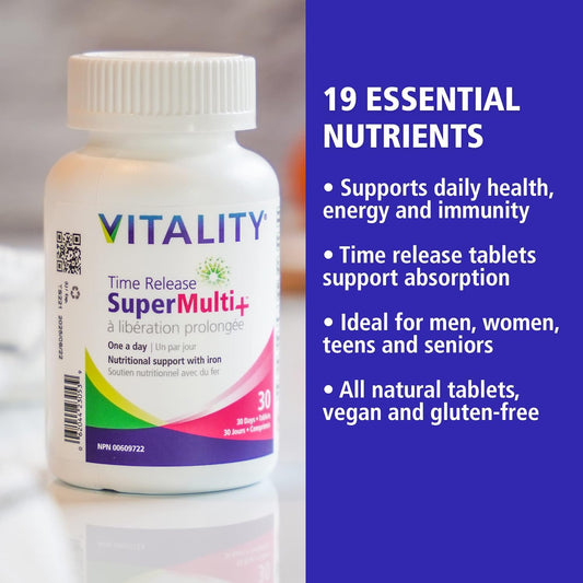 VITALITY 女士高效能複合維生素 - 每日一片,緩釋維生素和礦物質,鐵、碘、B 群維生素 C、鈣、鎂和維生素 D3,能量、骨骼和免疫支持,30 片