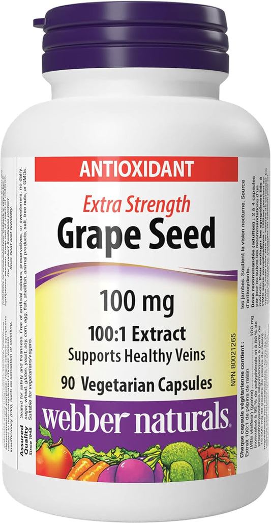 Webber Naturals 葡萄籽 100 毫克,强效,90 粒胶囊,抗氧化支持,纯素 & 维生素 C 定时释放 1000 毫克,150 片,适用于骨骼、牙齿、免疫和抗氧化健康
